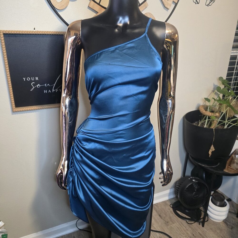 Blue Satin One-Shoulder Ruched Midi | Medium | Party Ready